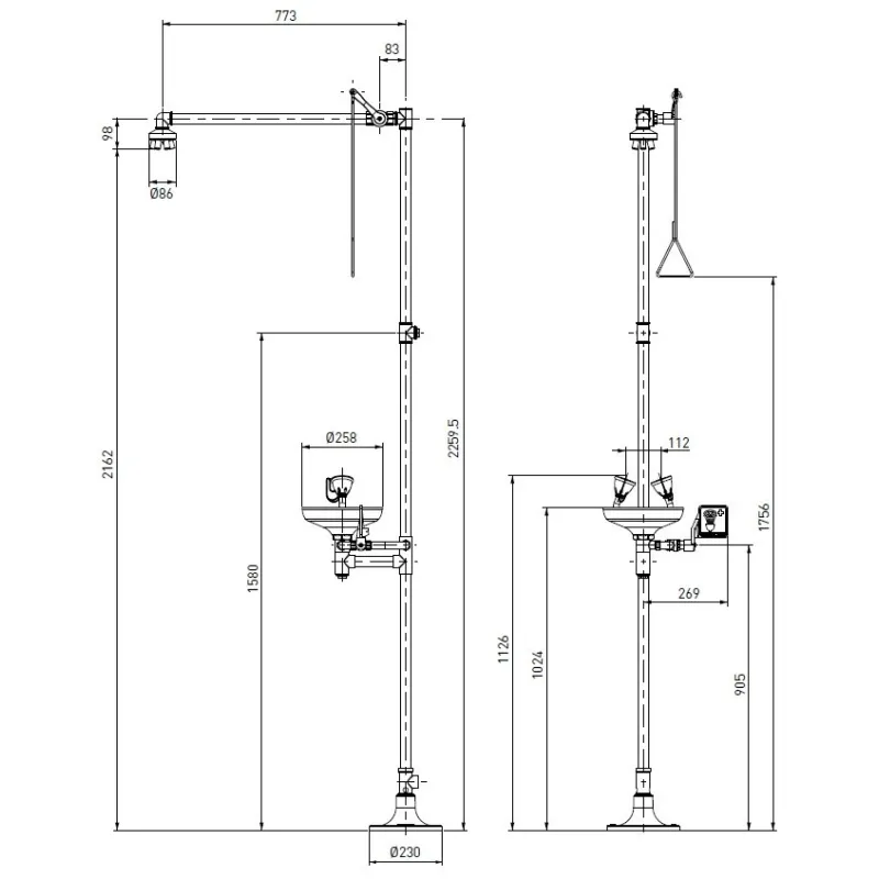 Douche de sécurité sur pied avec rince œil double & cuvette marque TOF