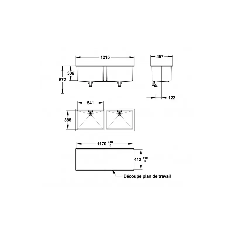 Double évier PP 45x120 cm résistant aux produits chimiques