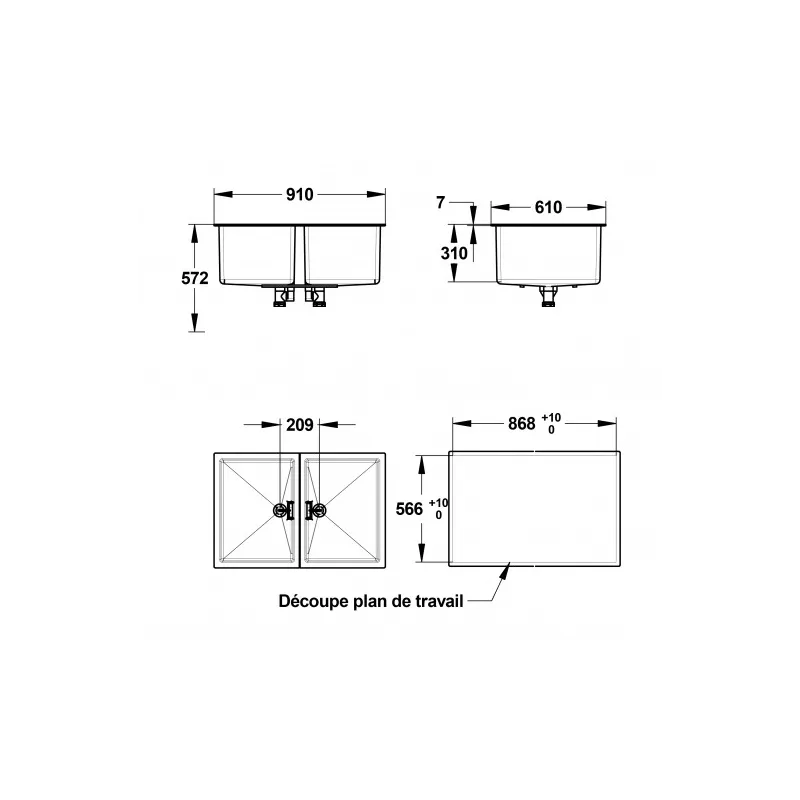 Double cuve PP 60x90 cm pour laboratoire