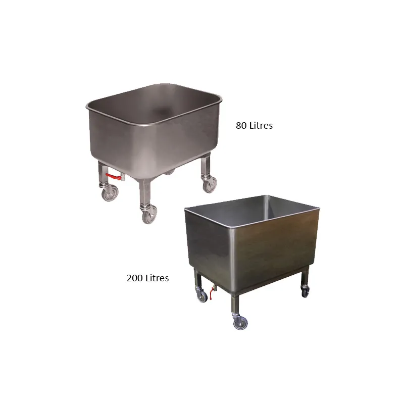 Cuve roulante en matière inox AISI 304 avec vanne de vidange