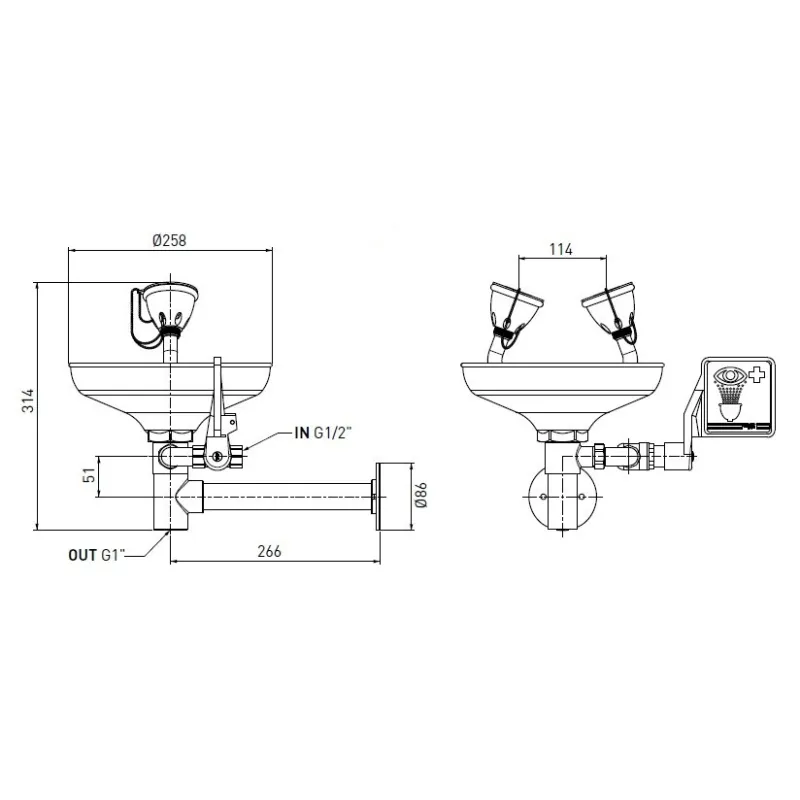 Lave yeux de sécurité double avec cuvette Ø258 mm et fixation murale