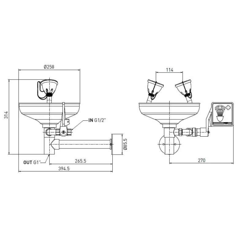 Lave yeux sécurité double avec cuvette inox Ø258 mm & fixation murale