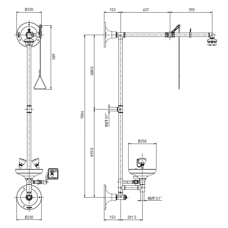 Douche de sécurité avec rince œil double fixation mural marque TOF