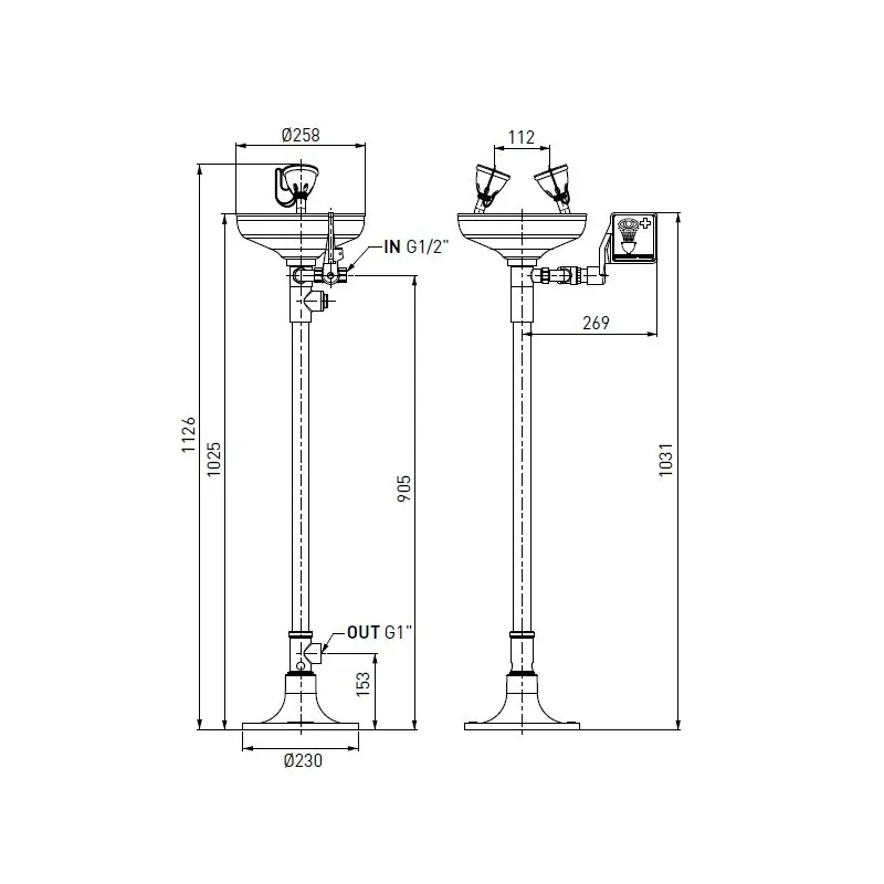 Lave yeux sécurité avec cuvette en inox fixation au sol action coude