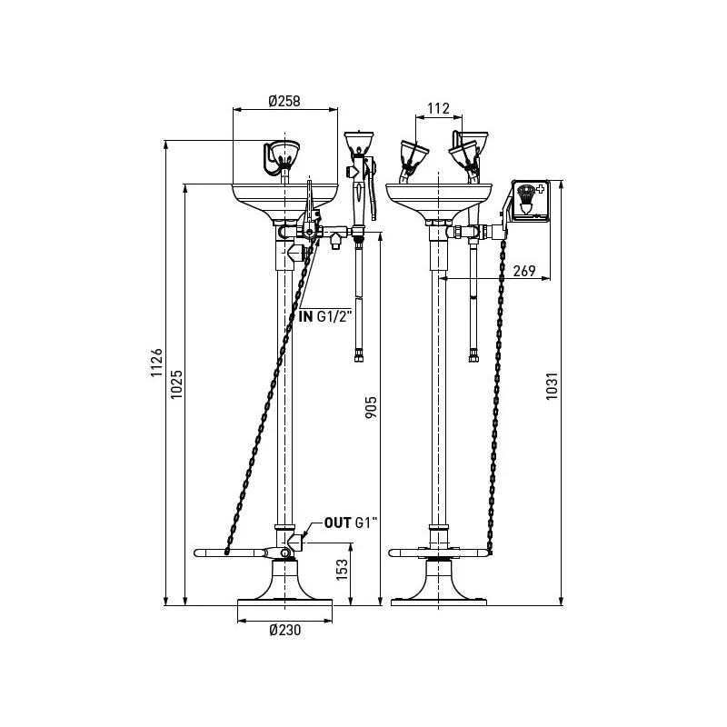 Lave yeux sécurité double commande douchette extractible fixation sol
